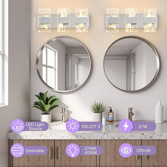 Modern LED Bathroom Light Fixtures Dimmable 3-Light Chrome Vanity Light, 5CCT Adjustable Lighting Fixture Vanity Lights Over Mirror, Smoked Acrylic LED Vanity Lights for Bathroom