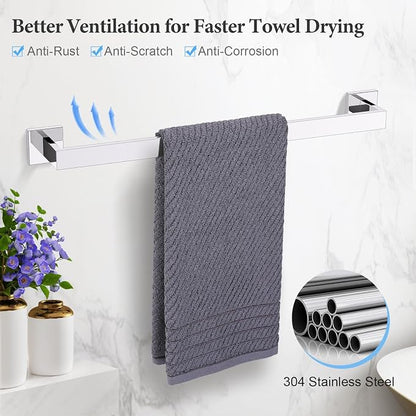 TURS 4-Piece Bathroom Hardware Set Chrome Towel Bar Set 23.6inch Bath Towel Holder Sets SUS 304 Stainless Steel Wall Mounted Towel Rack Sets for Bathroom.