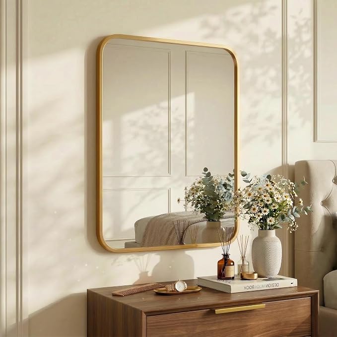 2-Pack 24x30 Inch Antique Gold Rounded Rectangle Vanity Mirrors | Double Vanity or Two Bathrooms, Pair or Separate Use, Iron Frame, Layered Shadow Box Look, Two-Way Mount