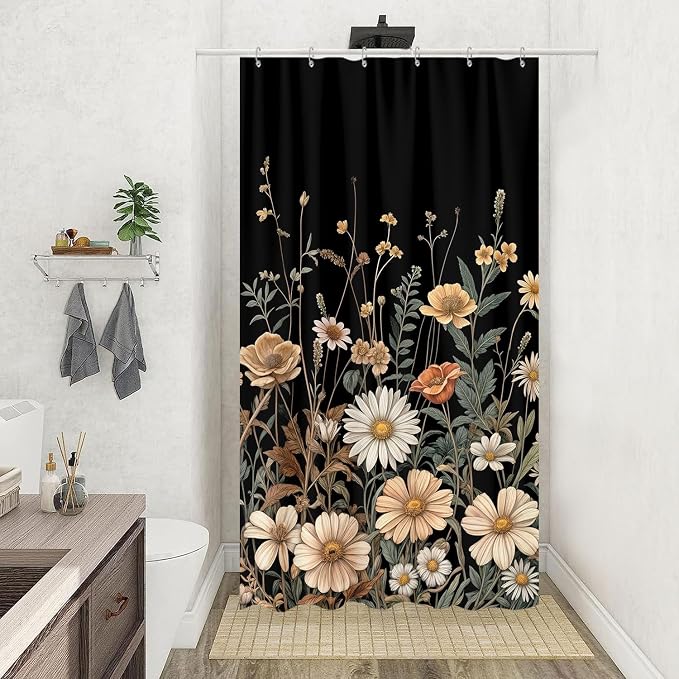Vintage Boho Floral Shower Curtain, Cute Retro Bohemian Flower Botanical Aesthetic Decorative Shower Curtain Set with Hooks, Unique Dark Wildflower Rustic Farmhouse Shower Curtains for Bathroom 36X72