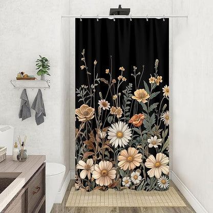 Vintage Boho Floral Shower Curtain, Cute Retro Bohemian Flower Botanical Aesthetic Decorative Shower Curtain Set with Hooks, Unique Dark Wildflower Rustic Farmhouse Shower Curtains for Bathroom 36X72