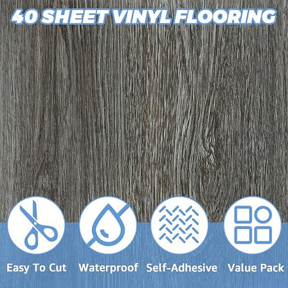 12x12 Inch Peel and Stick Floor Tile Wood Grain Series (40, Light Brown Wood Grain)