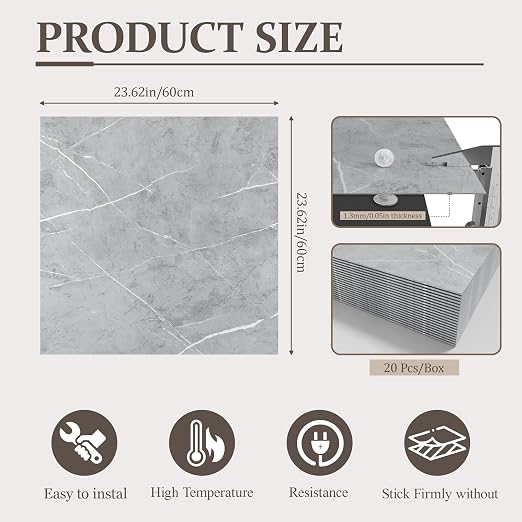 DEXDE Peel and Stick Floor Tile Grey Marble Waterproof 2FTx2FT 20 PC | Waterproof Self-adhesive Vinyl Floor Tiles, 80 Sq.Ft (20 Large 24x24 Pack), Vinyl Flooring for Bathroom Kitchen DIY Upgrades