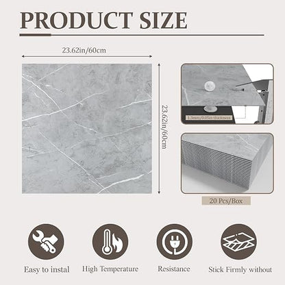 DEXDE Peel and Stick Floor Tile Grey Marble Waterproof 2FTx2FT 20 PC | Waterproof Self-adhesive Vinyl Floor Tiles, 80 Sq.Ft (20 Large 24x24 Pack), Vinyl Flooring for Bathroom Kitchen DIY Upgrades