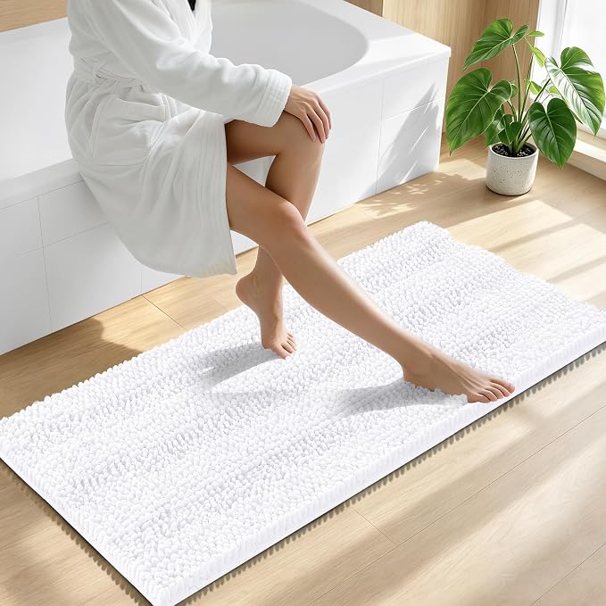 Smiry Thick Chenille Bathroom Runner Rugs 47x24, Absorbent Bath Mat, White | Quick‑Dry & Machine Washable, Non‑Slip Bath Carpet, Soft Striped Bath Rugs for Tub & Shower, Modern Home Decor Accessories