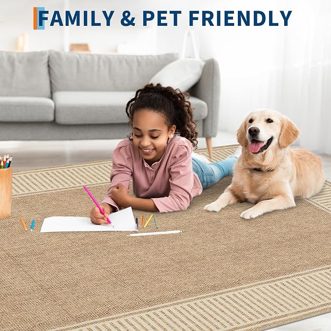 Garvee Modern Bordered Neutral Rugs for Living Room 8x10 Washable Rug Jute | Large Non Slip Low Pile Soft Carpet Foldable Non-Shedding Woven Printed Floor Cover for Bedroom Playroom Nursery Office Dorm
