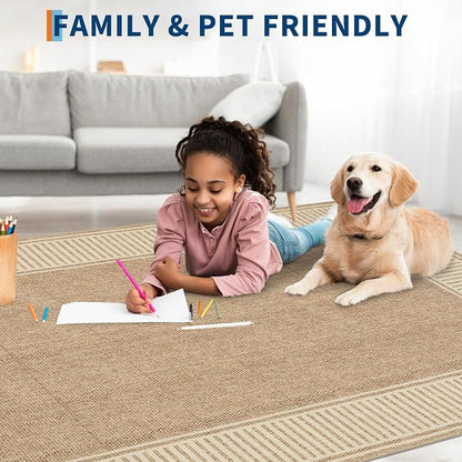 Garvee Modern Bordered Neutral Rugs for Living Room 8x10 Washable Rug Jute | Large Non Slip Low Pile Soft Carpet Foldable Non-Shedding Woven Printed Floor Cover for Bedroom Playroom Nursery Office Dorm