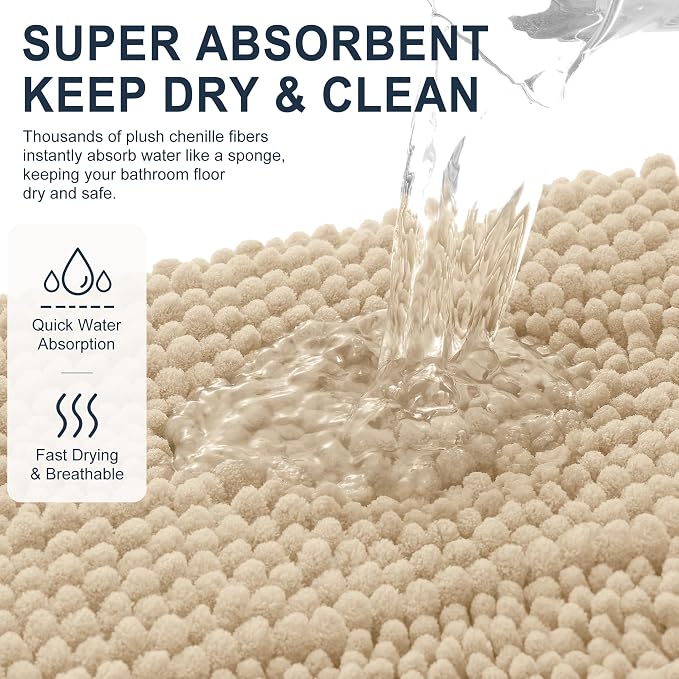 Smiry Thick Chenille Large Bathroom Runner Rugs 50x30, Soft Bath Mat, Beige | Quick‑Dry & Machine Washable, Non‑Slip Bath Carpet, Striped Bath Rugs for Tub & Shower, Modern Home Decor Accessories