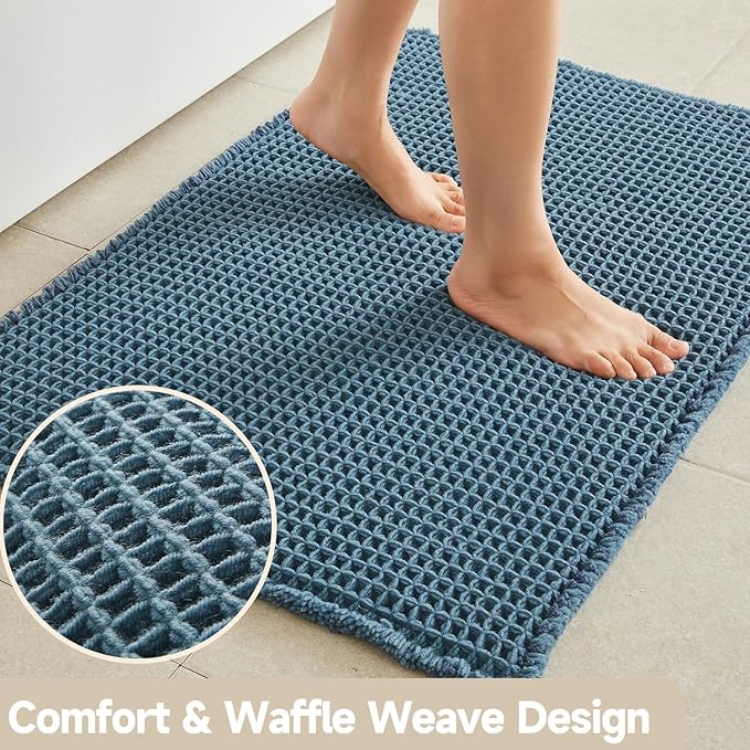 TYUU Waffle Bath Mat, Boho Bathroom Rugs Non Slip, 36x24 Denim Blue | Super Absorbent Quick Dry Bath Rug, Non-Slip Backing, Soft Waffle Washable Farmhouse Bathroom Mats, Tub, Shower & Home Decor