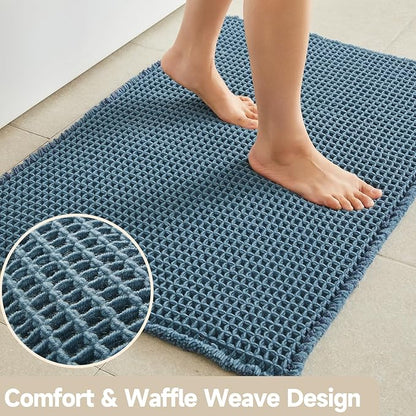 TYUU Waffle Bath Mat, Boho Bathroom Rugs Non Slip, 36x24 Denim Blue | Super Absorbent Quick Dry Bath Rug, Non-Slip Backing, Soft Waffle Washable Farmhouse Bathroom Mats, Tub, Shower & Home Decor