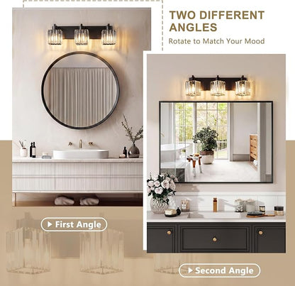 Modern Bathroom Vanity Light, 3-Light K9 Crystal Bathroom Lighting Fixtures Over Mirror, Black Vanity Light with Square Shade