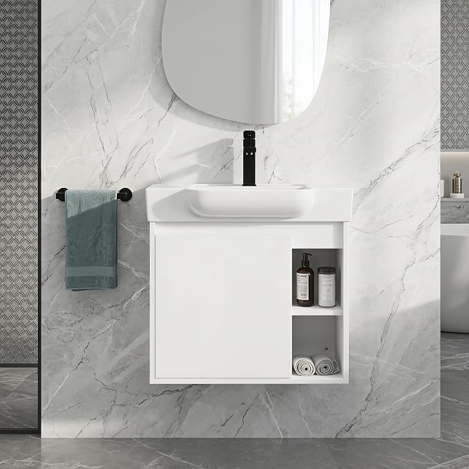 24" Bathroom Vanity with Sink, Wall-Mounted Cabinet, Glossy White | Ceramic Sink, Soft-Close Door & 2 Open Storage Shelves, Modern Farmhouse Sink Cabinet, Easy to Clean for Small Bathroom