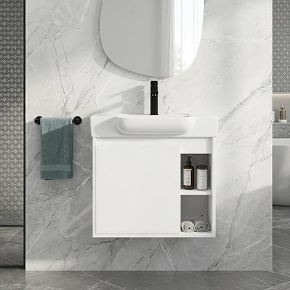 24" Bathroom Vanity with Sink, Wall-Mounted Cabinet, Glossy White | Ceramic Sink, Soft-Close Door & 2 Open Storage Shelves, Modern Farmhouse Sink Cabinet, Easy to Clean for Small Bathroom