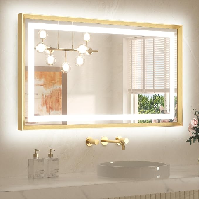 40 x 24 Led Mirror Brushed Gold Metal Frame Frontlit & Backlit Vanity Mirror Anti-Fog Stepless Dimmable 3 Colors White/Warm/Natural Wall Mirror with Lights Wall-Mounted