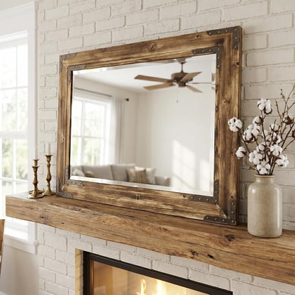 Rustic Brown 24x36 Inch Wood Bathroom Vanity Mirror, Rivets | Farmhouse style, beveled glass edge, rich weathered grain, single-sink bathrooms, hallways and cabin interiors