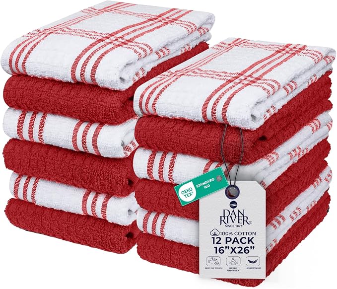 DAN RIVER Red Kitchen Towels, 12 Pack, 16x26 Inches Absorbent Dish Towels | 100% Cotton Absorbent Soft cotton kitchen towels for drying dishes, Quick Dry, Dish Towels for kitchen,Tea and Bar towels set