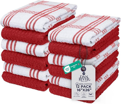 DAN RIVER Red Kitchen Towels, 12 Pack, 16x26 Inches Absorbent Dish Towels | 100% Cotton Absorbent Soft cotton kitchen towels for drying dishes, Quick Dry, Dish Towels for kitchen,Tea and Bar towels set