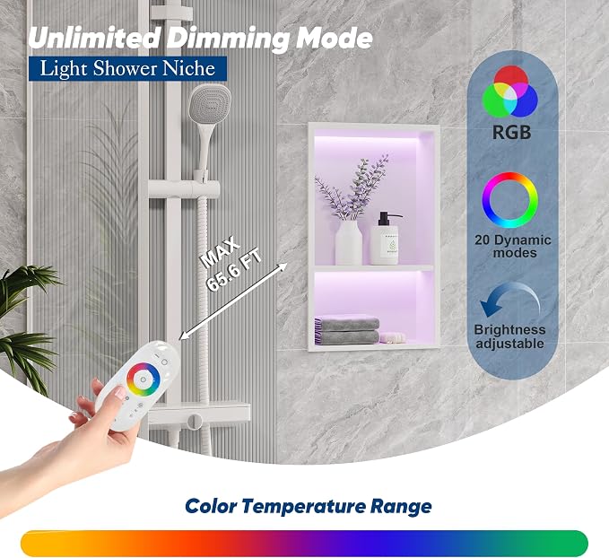 2-Tiers 12x18Inch Shower Niche with RGB LED Light Strips, White Recessed Wall Niche with Light, NO Tile Needed Cabinet Storage Organizer, Stainless Steel Bathroom Storage for Shower Wall