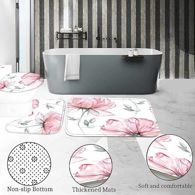 4-Piece Pink Flowers Shower Curtain Set Floral Leaves Bathroom Set with Shower Curtain and Rugs, Pink White Minimalist Bath Curtain with Hooks for Modern Home Decor