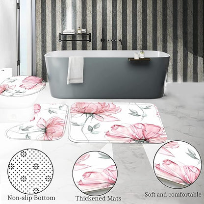 4-Piece Pink Flowers Shower Curtain Set Floral Leaves Bathroom Set with Shower Curtain and Rugs, Pink White Minimalist Bath Curtain with Hooks for Modern Home Decor