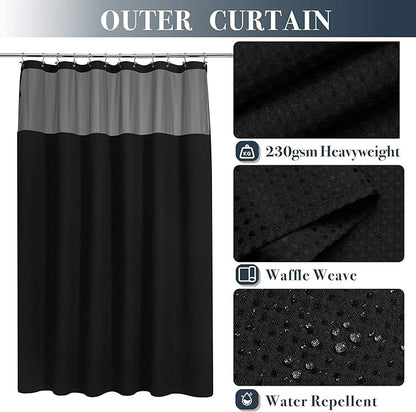 N&Y HOME Extra Long Waffle Weave Shower Curtain with Snap-in Fabric Liner Set, 12 Black Hooks Included - 71" x 84", Hotel Style, Mesh Top Window, Machine Washable & Water-Repellent - 71x84, Black