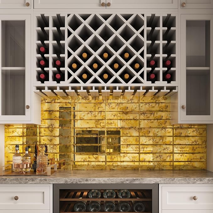 Peel and Stick Beveled Gold Antique Mirror Tile Subway Mirror Glass Backsplash 3x12 Inch for Kitchen Bathroom Wall