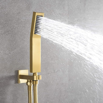 SUMERAIN Shower Faucet System with Waterfall Tub Spout, Brushed Gold | 8" Rain Shower Head, Brass Handheld Shower Head, Anti-scald Pressure-Balanced Valve, Including Rough-In Valve