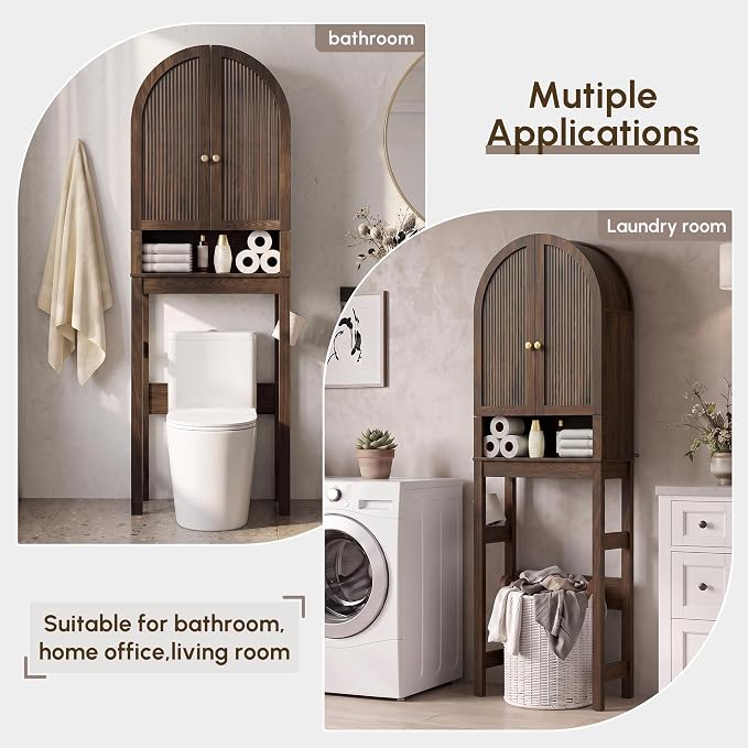 HMstone Over The Toilet Storage Cabinet, Arched Bathroom Organizer and Storage with Doors and Adjustable Shelf, Space-Saving Freestanding Bathroom Modern Storage Cabinet Over Toilet (Walnut)