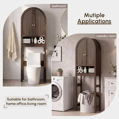 HMstone Over The Toilet Storage Cabinet, Arched Bathroom Organizer and Storage with Doors and Adjustable Shelf, Space-Saving Freestanding Bathroom Modern Storage Cabinet Over Toilet (Walnut)