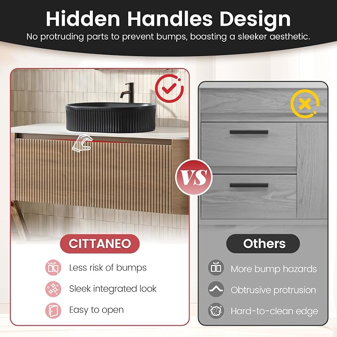 48" Floating Bathroom Vanity with Black Sink, Honey Oak | Pre-Assembled Fluted Wall Mounted Vanity with Ceramic Vessel Sink, Rounded Edges, Soft-Close Drawer & Towel Rack