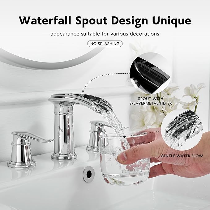BWE Waterfall Bathroom Faucet, Chrome 8 Inch Widespread Bathroom Sink Faucet Two-Handle Waterfall, Metal Pop-up Drain Include, for Vanity, Lavatory Sink
