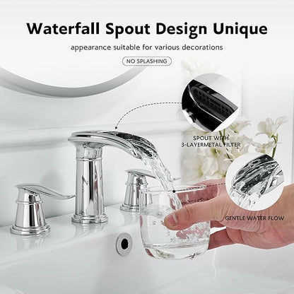 BWE Waterfall Bathroom Faucet, Chrome 8 Inch Widespread Bathroom Sink Faucet Two-Handle Waterfall, Metal Pop-up Drain Include, for Vanity, Lavatory Sink