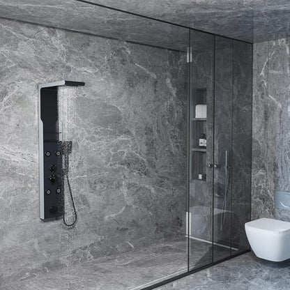 ELLO&ALLO Shower Panel Tower System with Shelf, Rainfall Shower Head and Rain Massage System with Body Jets, Stainless Steel Bathroom Fixtures, Matte Black&Slive