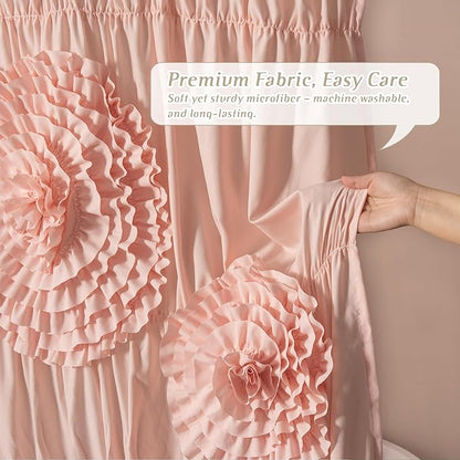 Farmhouse Ruffle Shower Curtain with Handmade 3D Flowers, Vintage Fabric Shower Curtains for Bathroom, Decorative Luxury Bathroom Curtain with 12 Holes, Peach Pink, 72" x 72" (LQ-41)