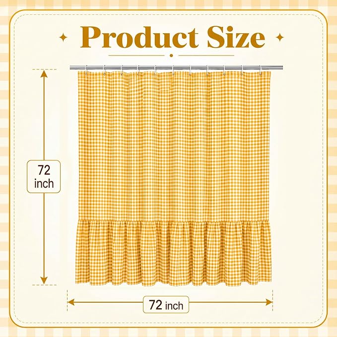 HunnmingRe Ruffle Hem Gingham Shower Curtain Yellow | 72'' x 72'' Vintage Farmhouse Curtain, Cotton Cottage Core Rural Checkered Plaid Decor, Fall Shower Curtain for Bathroom