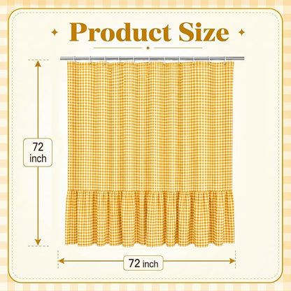 HunnmingRe Ruffle Hem Gingham Shower Curtain Yellow | 72'' x 72'' Vintage Farmhouse Curtain, Cotton Cottage Core Rural Checkered Plaid Decor, Fall Shower Curtain for Bathroom