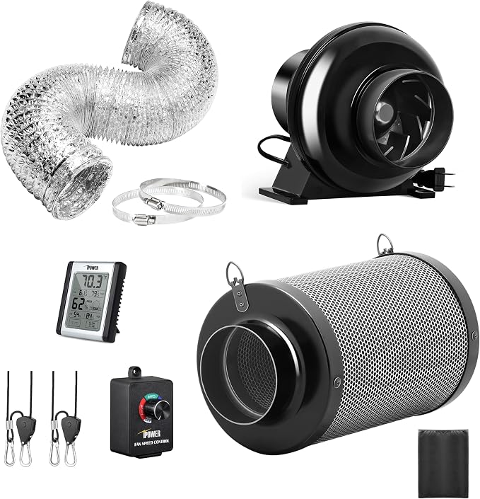 iPower 4 Inch 195 CFM Inline Fan with Speed Controller, Air Carbon Filter, 8 Feet Flexible Ducting, Temperature Humidity Monitor and Rope Hanger for Grow Tent Ventilation