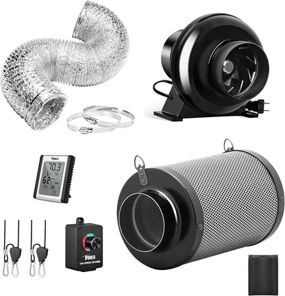 iPower 4 Inch 195 CFM Inline Fan with Speed Controller, Air Carbon Filter, 8 Feet Flexible Ducting, Temperature Humidity Monitor and Rope Hanger for Grow Tent Ventilation
