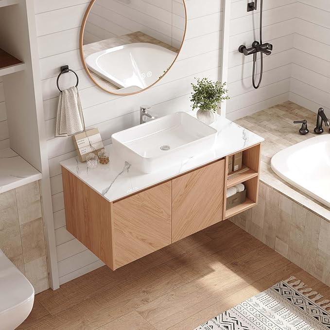 36 Inch Floating Vanity Bathroom with Single Sink, Wall-Mounted Floating Bathroom Cabinet with Sintered Stone Countertop & White Ceramic Basin, Ample Storage and Open Shelves, Light Wood