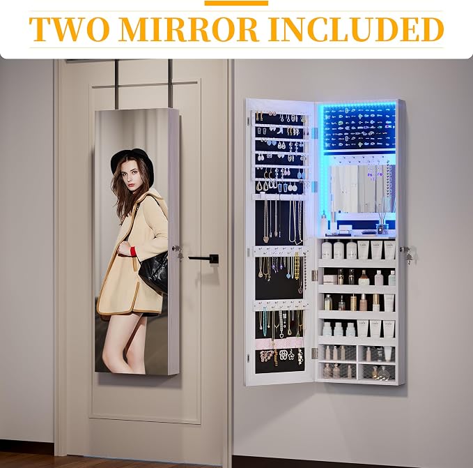 47.2" LED Jewelry Mirror Cabinet, Wall/Door Mounted Jewelry Armoire Organizer with Full Length Mirror, Large Storage Hanging Cabinet, 4 Drawers, 5 Shelves, Built-in Lighted Mirror (White)