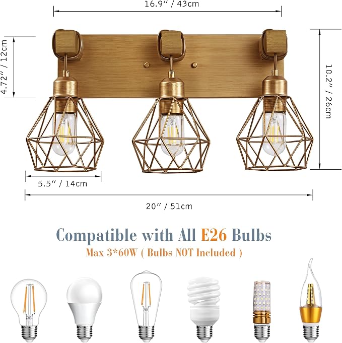 VbiTmn Bathroom Light Fixtures, 3 Light Brushed Gold Wood Vanity Lights | Farmhouse Design, Diamond Metal Shades, Easy to Install, Wall Sconces for Bathroom, Bedroom, Makeup Area, Over Vanity Mirror