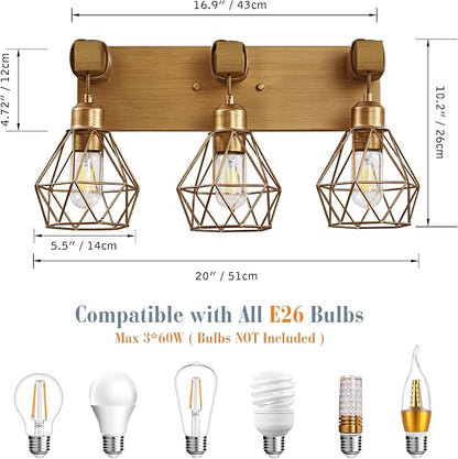 VbiTmn Bathroom Light Fixtures, 3 Light Brushed Gold Wood Vanity Lights | Farmhouse Design, Diamond Metal Shades, Easy to Install, Wall Sconces for Bathroom, Bedroom, Makeup Area, Over Vanity Mirror