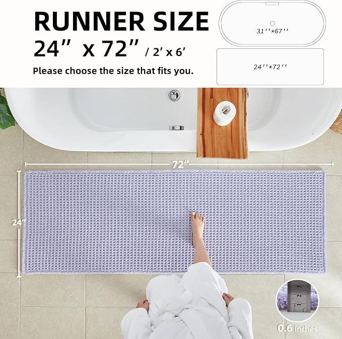 TYUU Waffle Runner Rug Bathroom, Long Cute Bath Mat, 72x24 Lavender Cream | Super Absorbent Quick Dry Bath Rug, Non-Slip Backing, Soft Waffle Washable Farmhouse Bathroom Mats, Tub, Shower & Home Decor