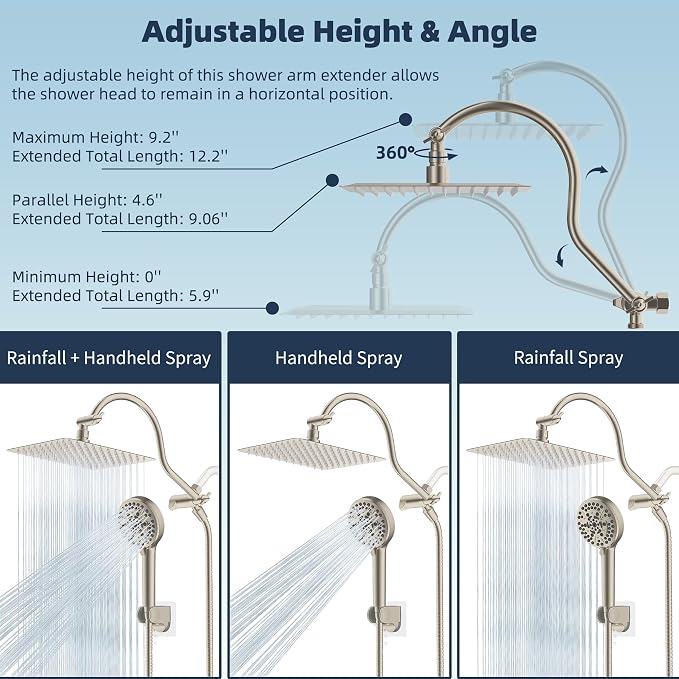 Hibbent All Metal CUPC Certified Shower Head, 10'' High Pressure Rainfall Shower Head, Handheld Showerhead Combo, 12'' Adjustable Extension Arm, 10 Sprays, 71'' Hose, Showerhead Holder, Brushed Nickel