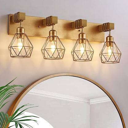 VbiTmn Bathroom Light Fixtures, 4 Light Brushed Gold Wood Vanity Lights | Farmhouse Design, Diamond Metal Shades, Easy to Install, Wall Sconces for Bathroom, Bedroom, Makeup Area, Over Vanity Mirror