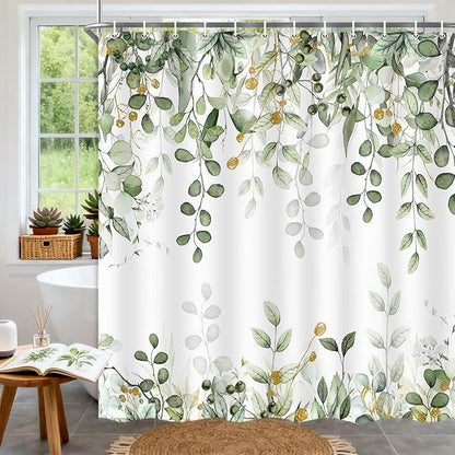 Sage Green Eucalyptus Botanical Narrow Shower Curtain, Watercolor Plants Foliage Floral Bathroom Decor, Cottagecore Waterproof Fabric Small Stall Shower Curtain Set with Hooks 47X64 Inch