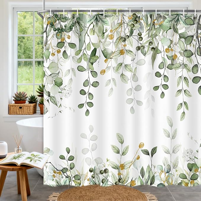 Sage Green Eucalyptus Leaves Shower Curtain, Watercolor Plants Foliage Floral Bathroom Curtains, Cottagecore Waterproof Botanical Fabric Cloth Shower Curtain Set with Hooks 60X72 Inch