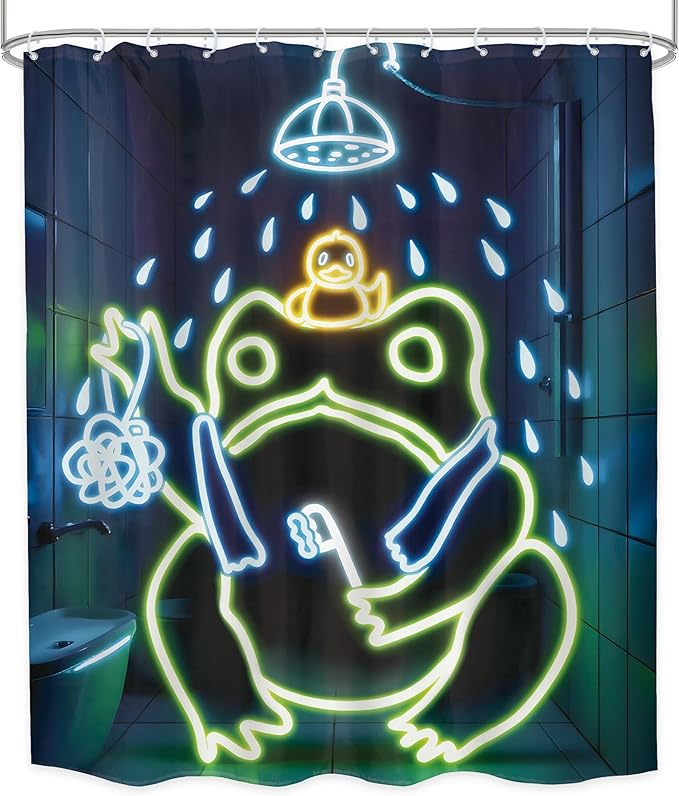 LGhtyro Funny Frog Shower Curtain Bathroom Set 60Wx71H Inches Japanese Minimalist Cool Asian Traditional Neon Aesthetic Animal Bath Accessories Cute Art Home Decor Fabric 12 Pack Hooks