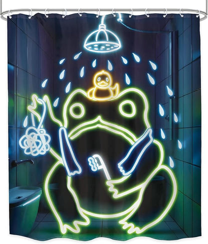LGhtyro Funny Frog Shower Curtain Bathroom Set 60Wx71H Inches Japanese Minimalist Cool Asian Traditional Neon Aesthetic Animal Bath Accessories Cute Art Home Decor Fabric 12 Pack Hooks