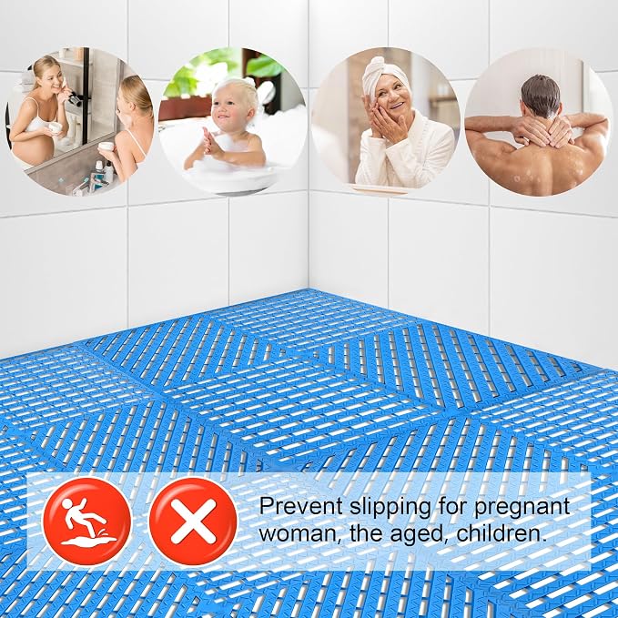 Modular Interlocking Cushion 12 Pack 11.8" x 11.8" Rubber Floor Tiles Non-Slip Splicing Drainage Mats for Deck, Pool, Shower, Patio, Balcony, Bathroom, Kitchen, Yard (Diagonal, Blue)